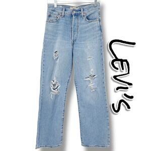 Levis Ribcage Straight Ankle Distressed Jeans Hi Rise Medium Blue Womens Sz 26